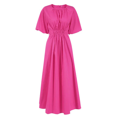 Women's Midi Dress - Puff Sleeve - Cut-Out Waist - A-Line Flowy Silhouette