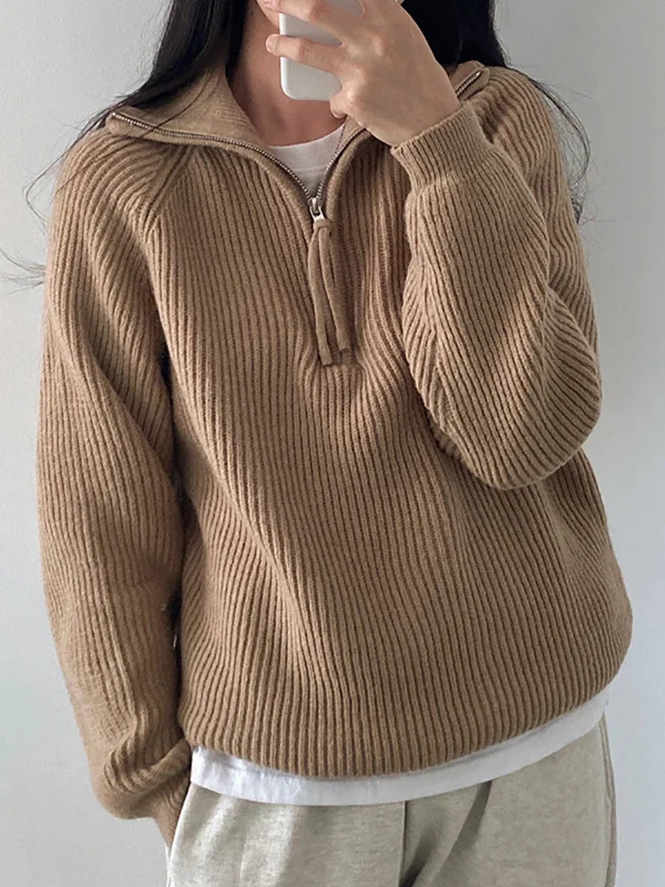 Half-zip ribbed knit sweater for women