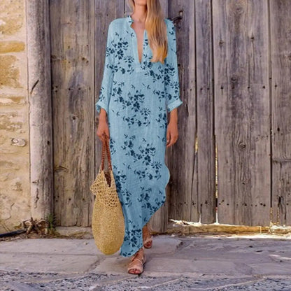 Women's Maxi Dress - Loose Fit - Long Sleeve V-Neck - Floral Print Flowy Design