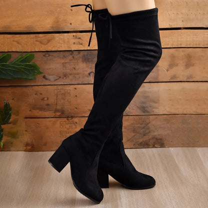 Women’s Over-the-Knee Boots – Suede Look – Block Heel – Pointed Toe – Lace Back Fit