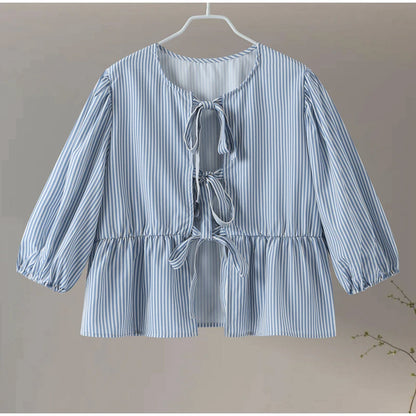 Women's Blouse - Puff Sleeve - Loose Fit - Striped Lightweight Tie-Neck