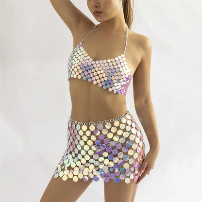 Women’s Sequin Halter Top and Skirt Set - Metallic Chainmail Style - Partywear Ensemble