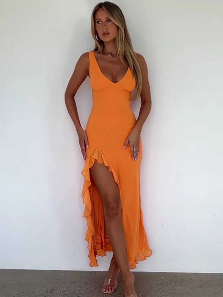 Satin Slim Fit V-Neck Evening Dress