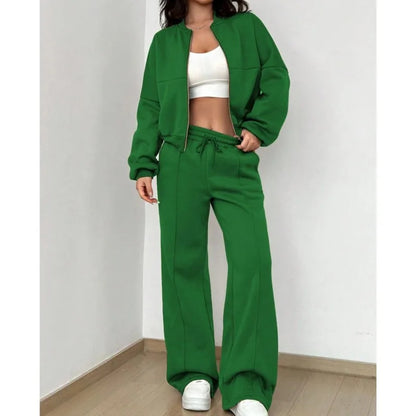 Women's casual zipper bomber jacket and wide leg pants set