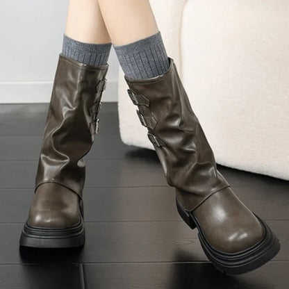 Retro chunky heel biker boots for women with buckle detailing