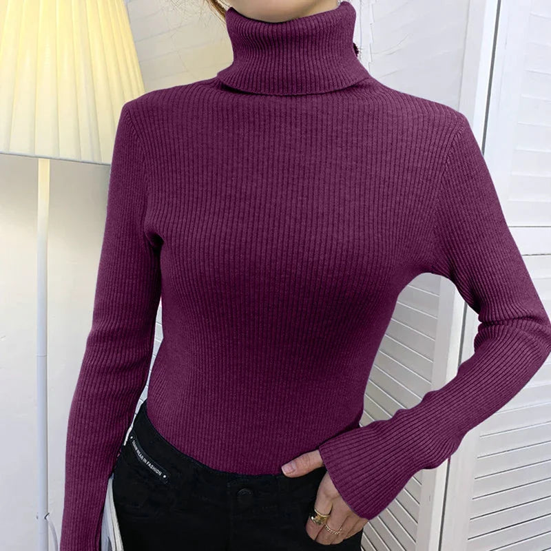 Women’s Turtleneck Sweater - Slim Fit - Ribbed Knit - Long Sleeve Stretchy Pullover
