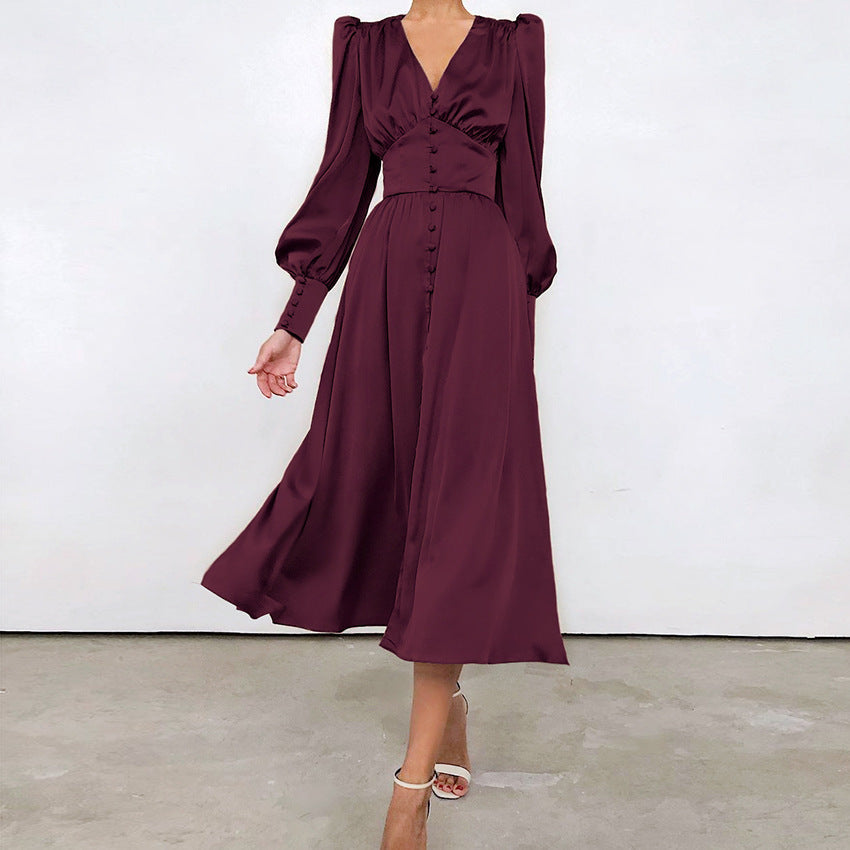 Women's Midi Dress - Satin Finish - Puff Sleeve V-Neck - Button Front A-Line