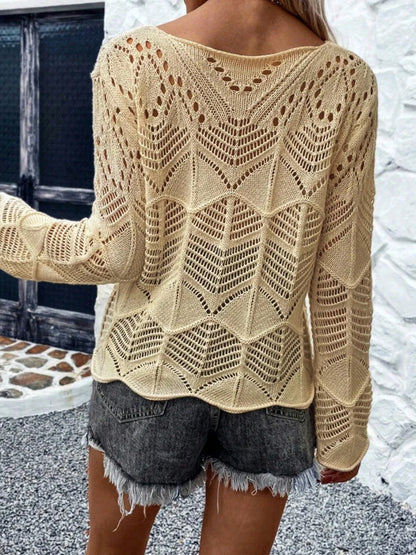 Women's round neck long sleeve hollow knit sweater summer