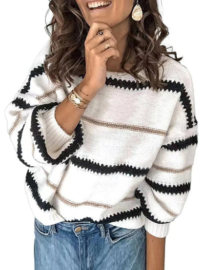 Women's loose patchwork striped sweater jumper for autumn winter