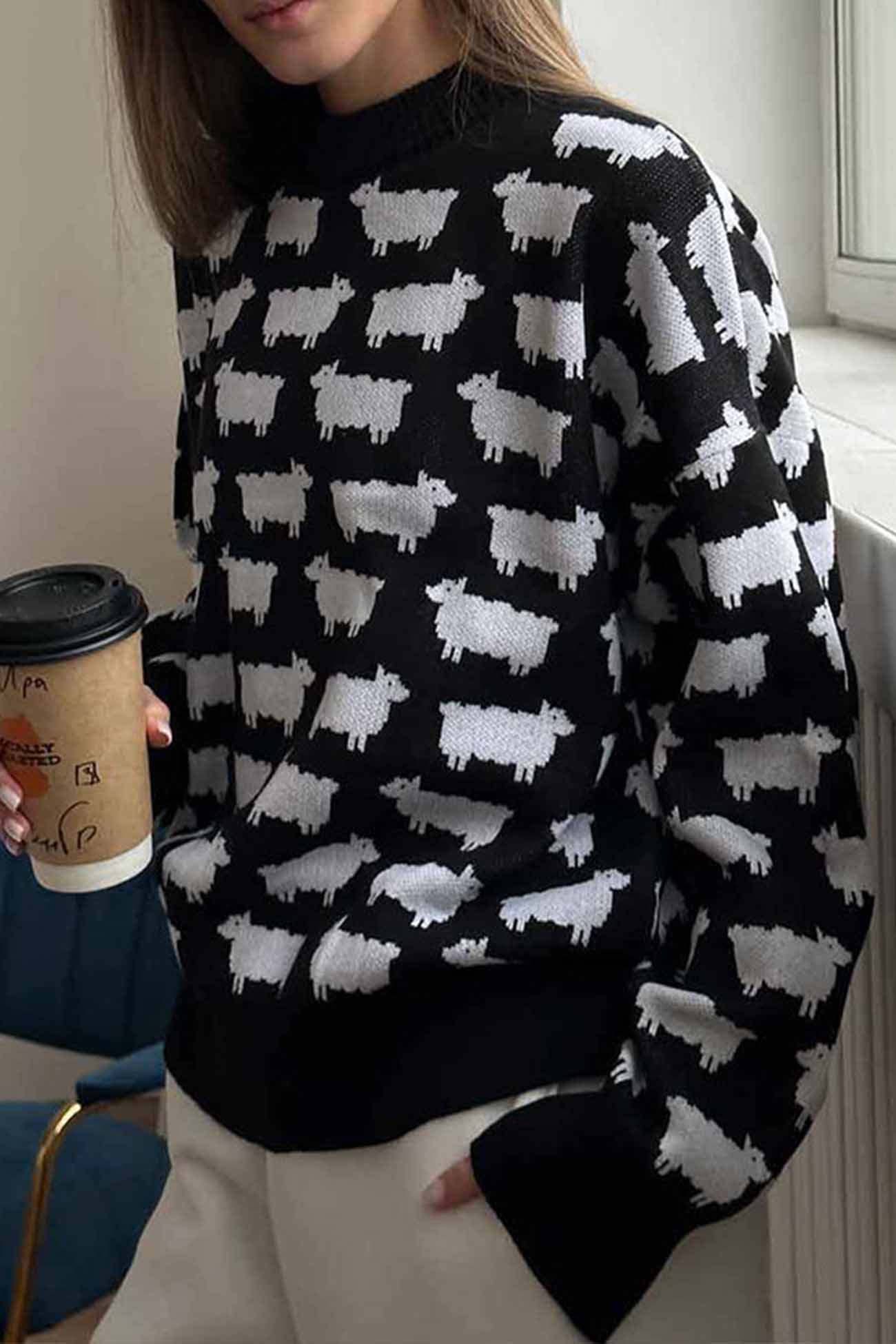 Women's sheep print crew neck long sleeve sweater