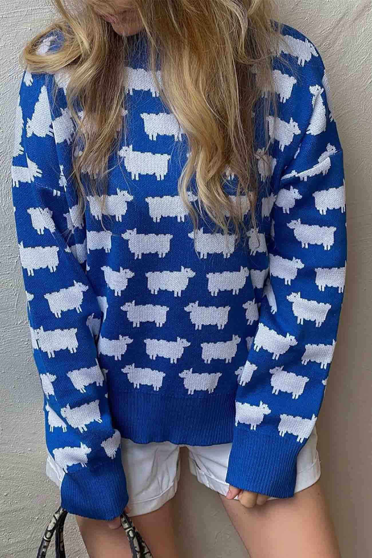 Women's sheep print crew neck long sleeve sweater