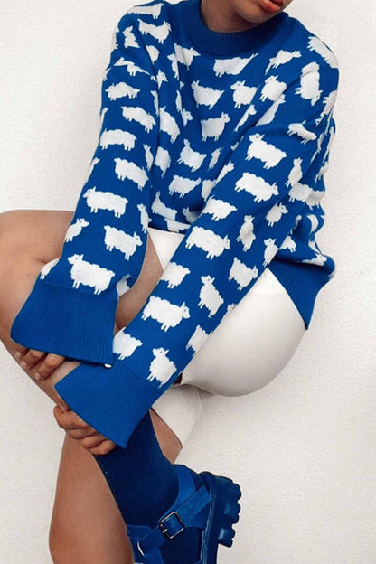 Women's sheep print crew neck long sleeve sweater