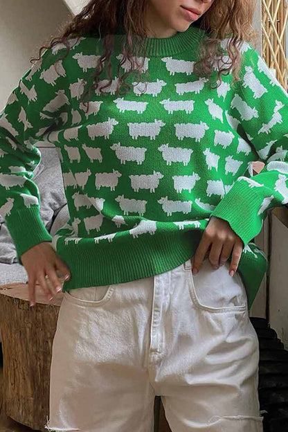 Women's sheep print crew neck long sleeve sweater