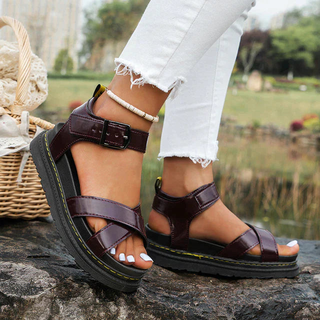 Women's Platform Sandals - Cross Strap Design - Buckle Closure - Thick High Heel