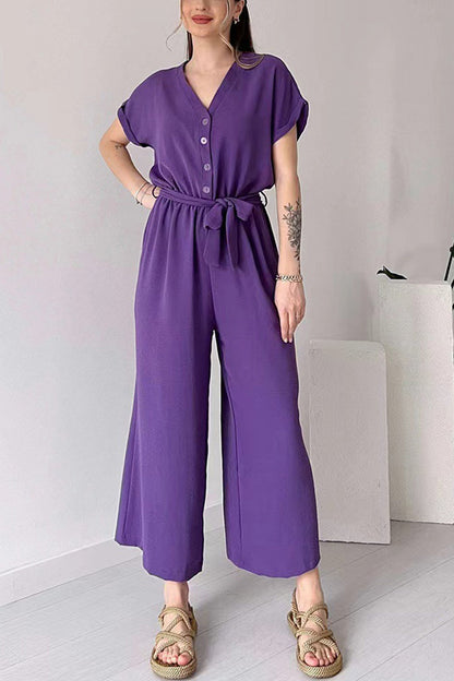 Women's short sleeve single-breasted waisted jumpsuit