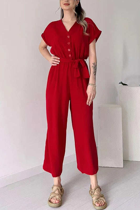 Waisted Single-Breasted Short Sleeve Jumpsuit