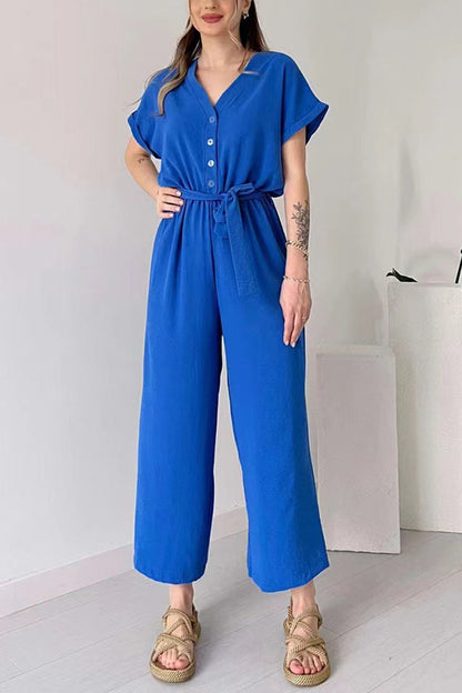 Women's short sleeve single-breasted waisted jumpsuit