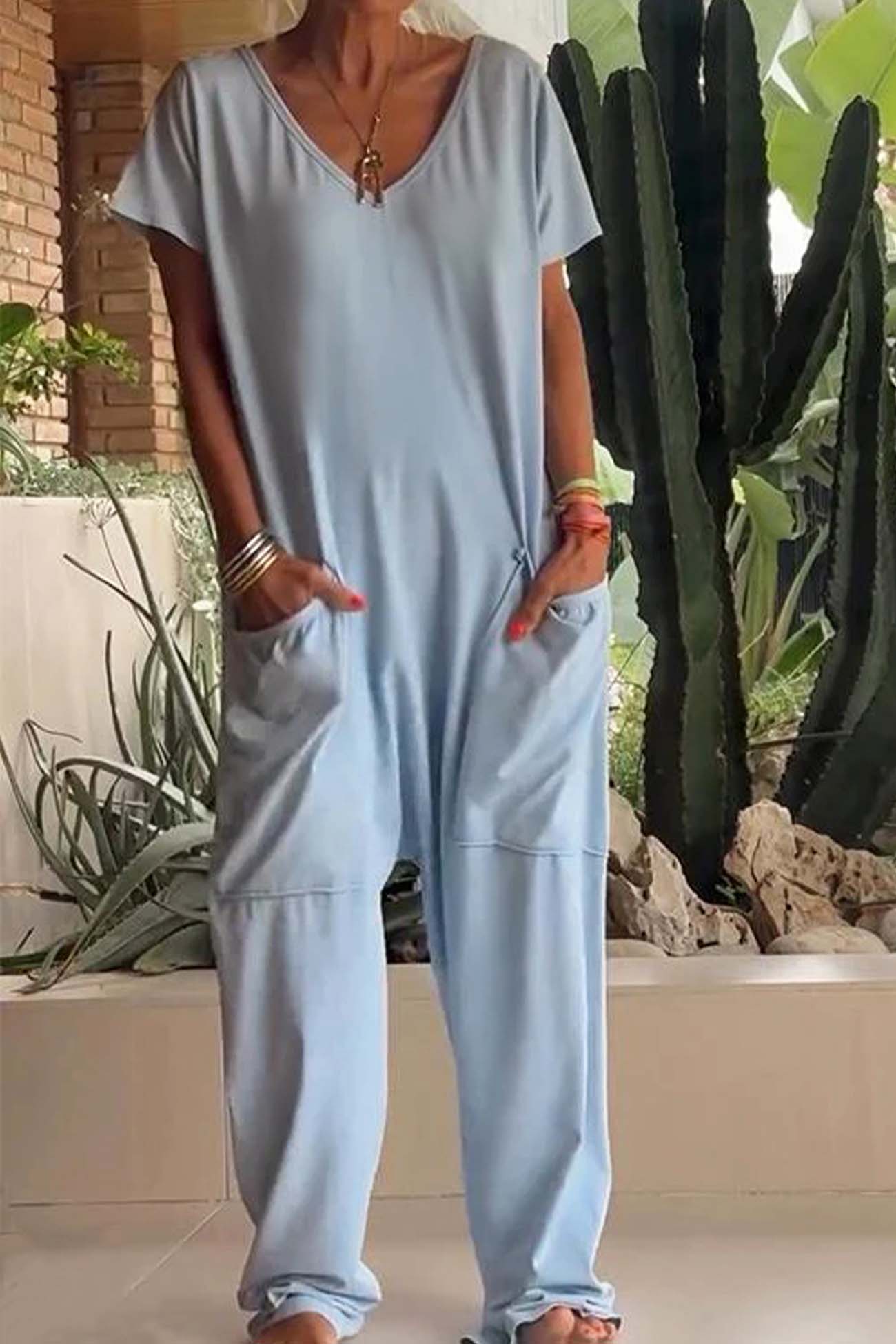 Women's short sleeve v neck pocket jumpsuit