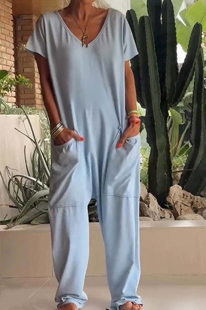Women's short sleeve v neck pocket jumpsuit