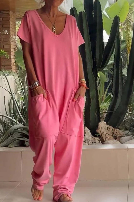 Pocket V-Neck Short Sleeve Jumpsuit