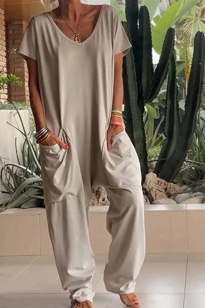 Women's short sleeve v neck pocket jumpsuit