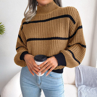Women's high collar striped loose sweater