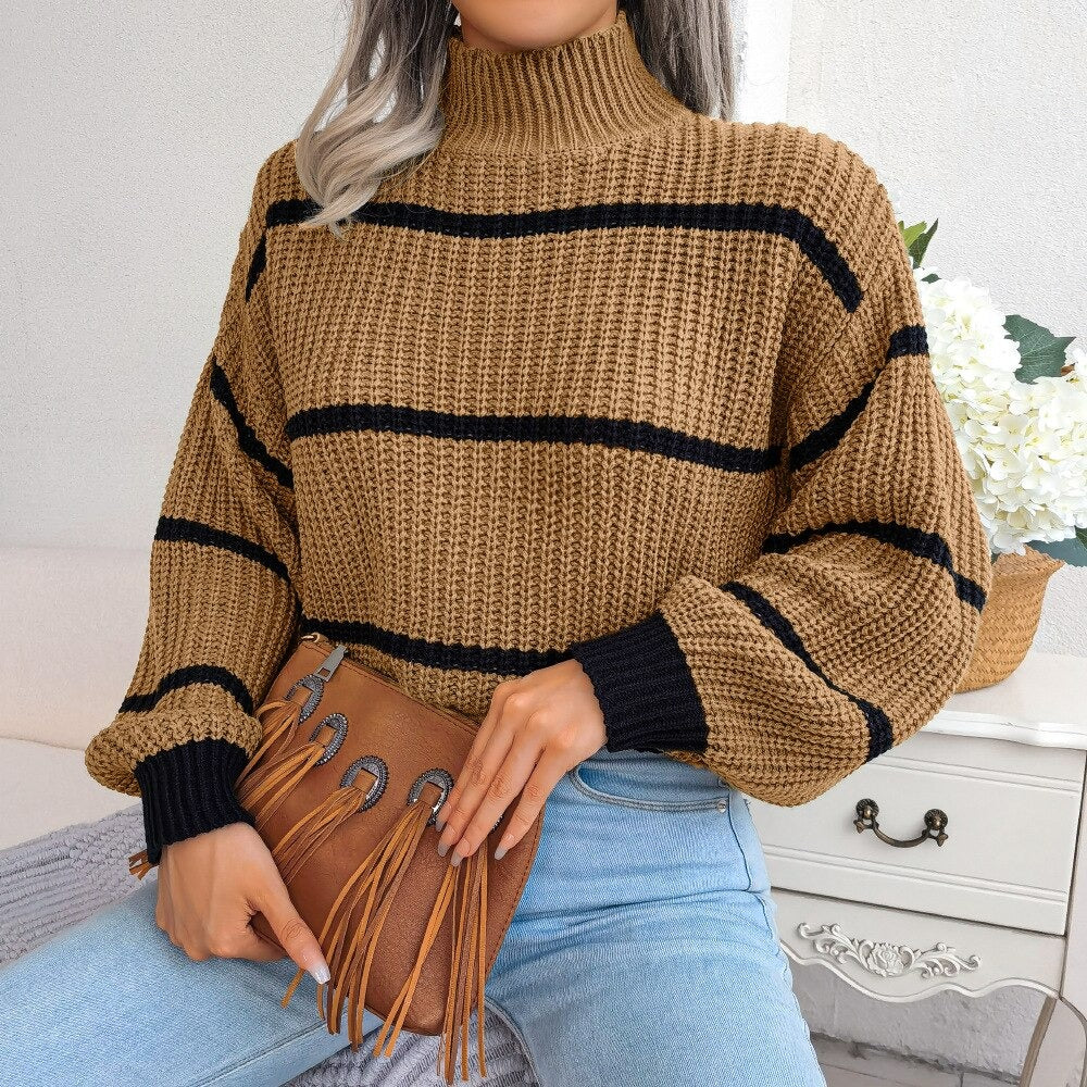 Women's high collar striped loose sweater