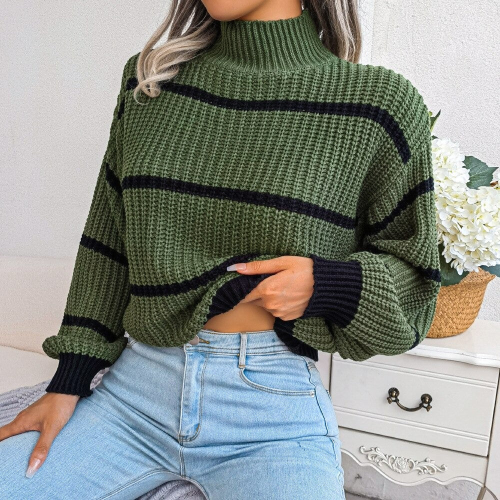 Women's high collar striped loose sweater