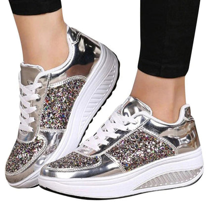 Women's Platform Sneakers - Glitter Embellished - Lace-Up - Fashionable Casual Wear