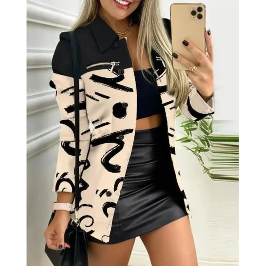 Women’s Long Jacket - Slim Fit - Lapel Collar - Button Closure - Abstract Print - Decorative Zipper