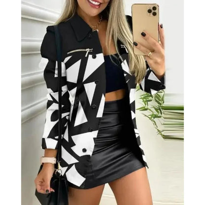 Women’s Long Jacket - Slim Fit - Lapel Collar - Button Closure - Abstract Print - Decorative Zipper
