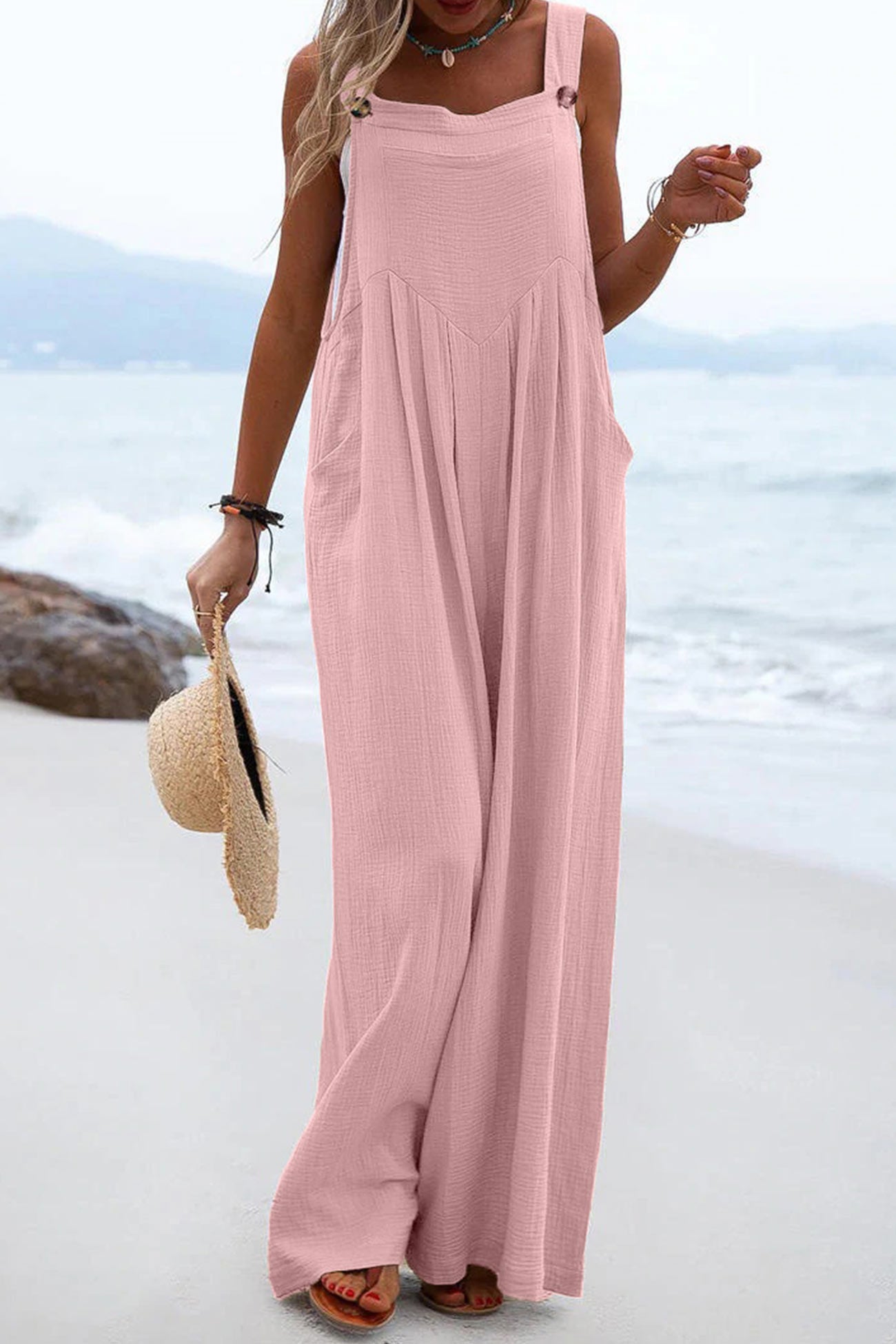 Women's Wide-Leg Jumpsuit - Sleeveless Relaxed Fit - Button Straps - Casual Wear