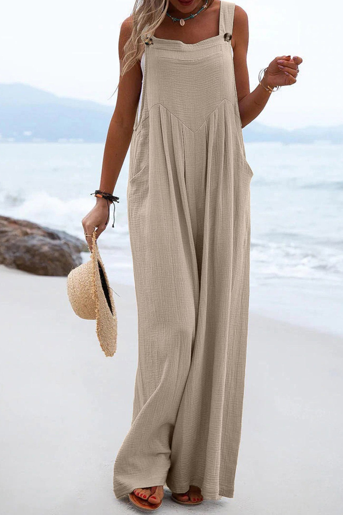 Women's Wide-Leg Jumpsuit - Sleeveless Relaxed Fit - Button Straps - Casual Wear