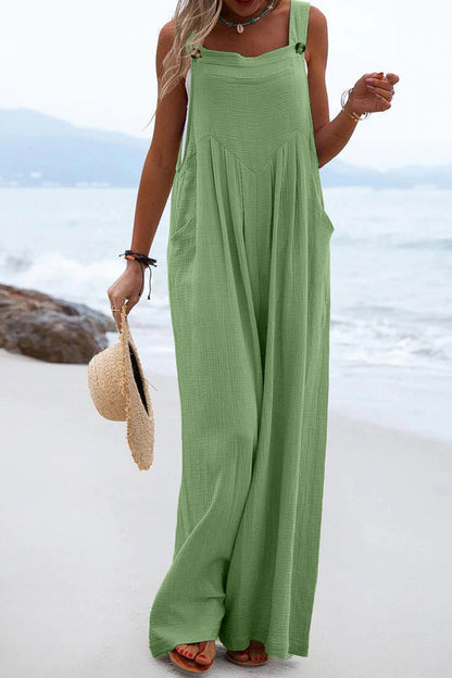 Women's Wide-Leg Jumpsuit - Sleeveless Relaxed Fit - Button Straps - Casual Wear