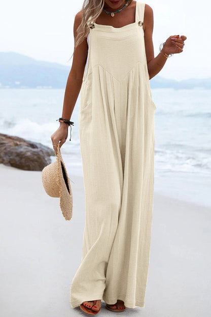 Women's Wide-Leg Jumpsuit - Sleeveless Relaxed Fit - Button Straps - Casual Wear