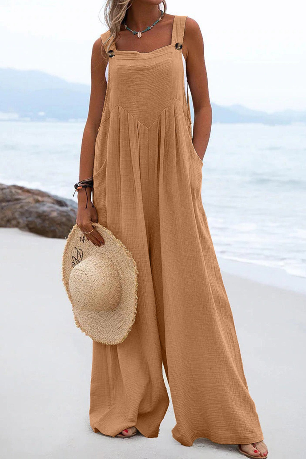 Women's Wide-Leg Jumpsuit - Sleeveless Relaxed Fit - Button Straps - Casual Wear