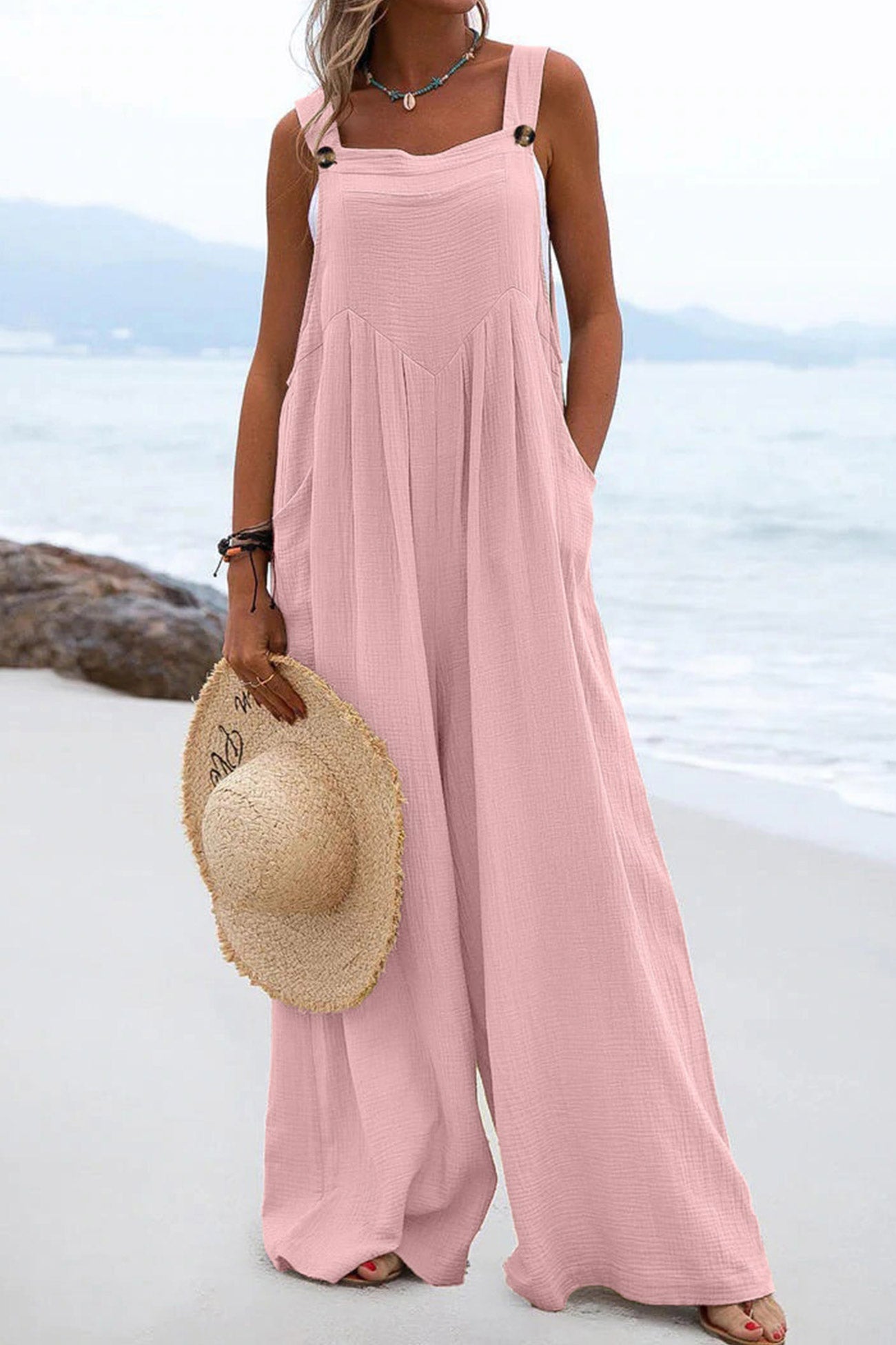 Women's Wide-Leg Jumpsuit - Sleeveless Relaxed Fit - Button Straps - Casual Wear