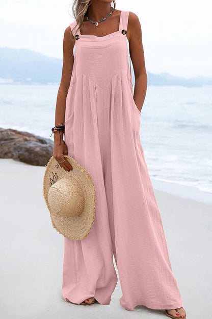 Women's Wide-Leg Jumpsuit - Sleeveless Relaxed Fit - Button Straps - Casual Wear