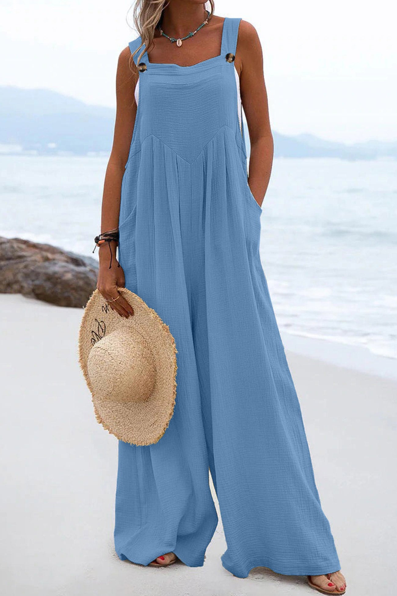 Women's Wide-Leg Jumpsuit - Sleeveless Relaxed Fit - Button Straps - Casual Wear