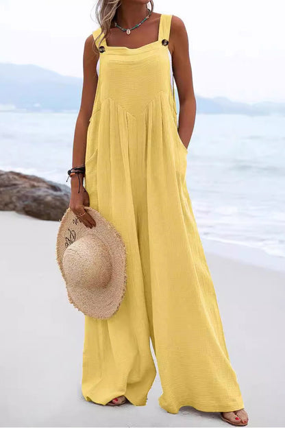 Women's Wide-Leg Jumpsuit - Sleeveless Relaxed Fit - Button Straps - Casual Wear