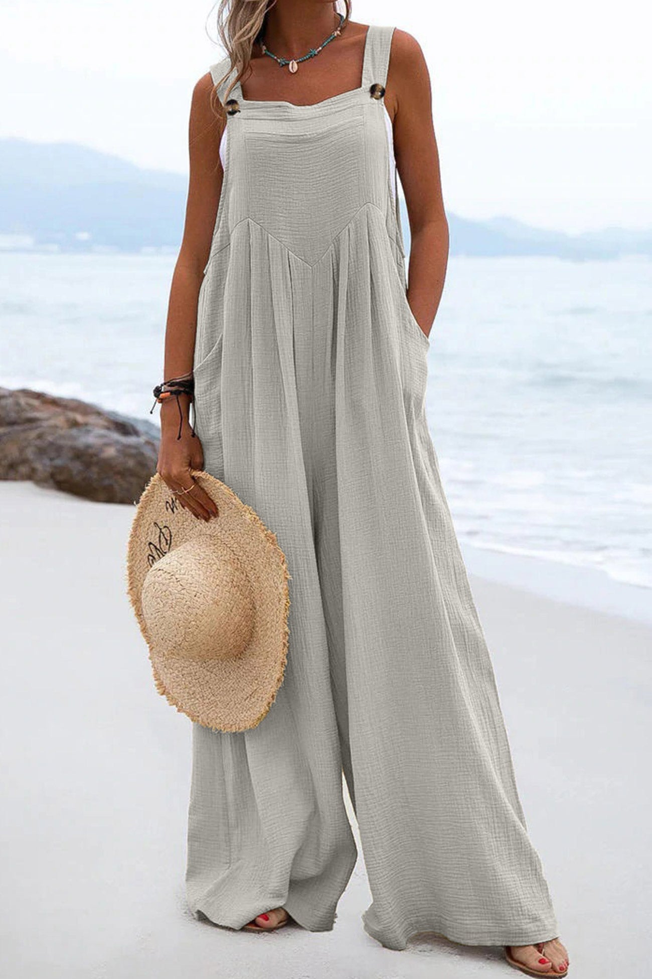 Women's Wide-Leg Jumpsuit - Sleeveless Relaxed Fit - Button Straps - Casual Wear