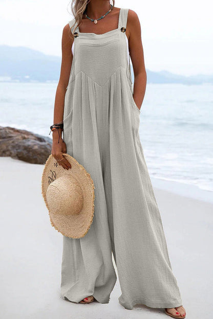 Women's Wide-Leg Jumpsuit - Sleeveless Relaxed Fit - Button Straps - Casual Wear