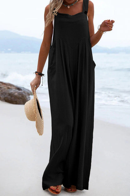 Women's Wide-Leg Jumpsuit - Sleeveless Relaxed Fit - Button Straps - Casual Wear