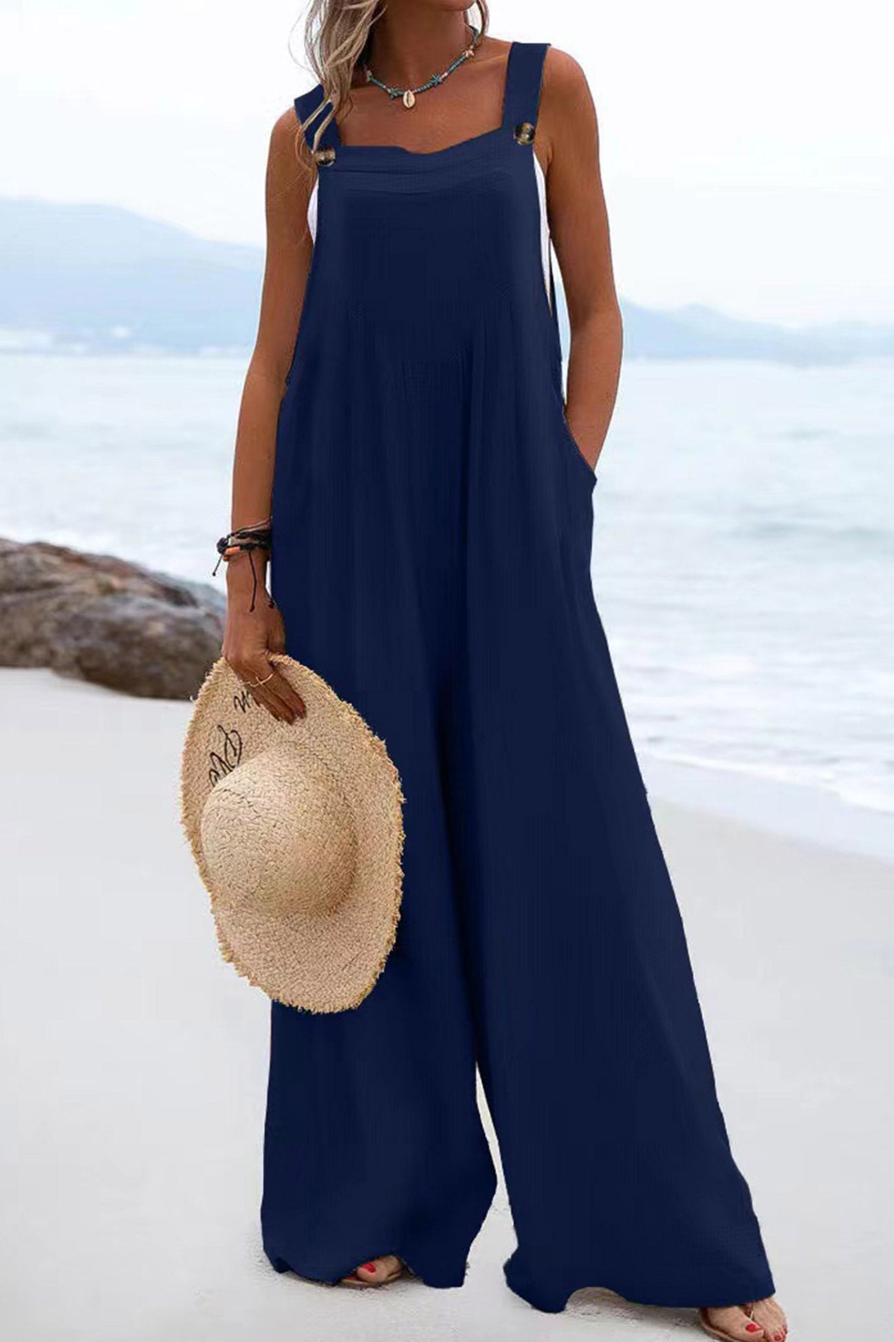Women's Wide-Leg Jumpsuit - Sleeveless Relaxed Fit - Button Straps - Casual Wear