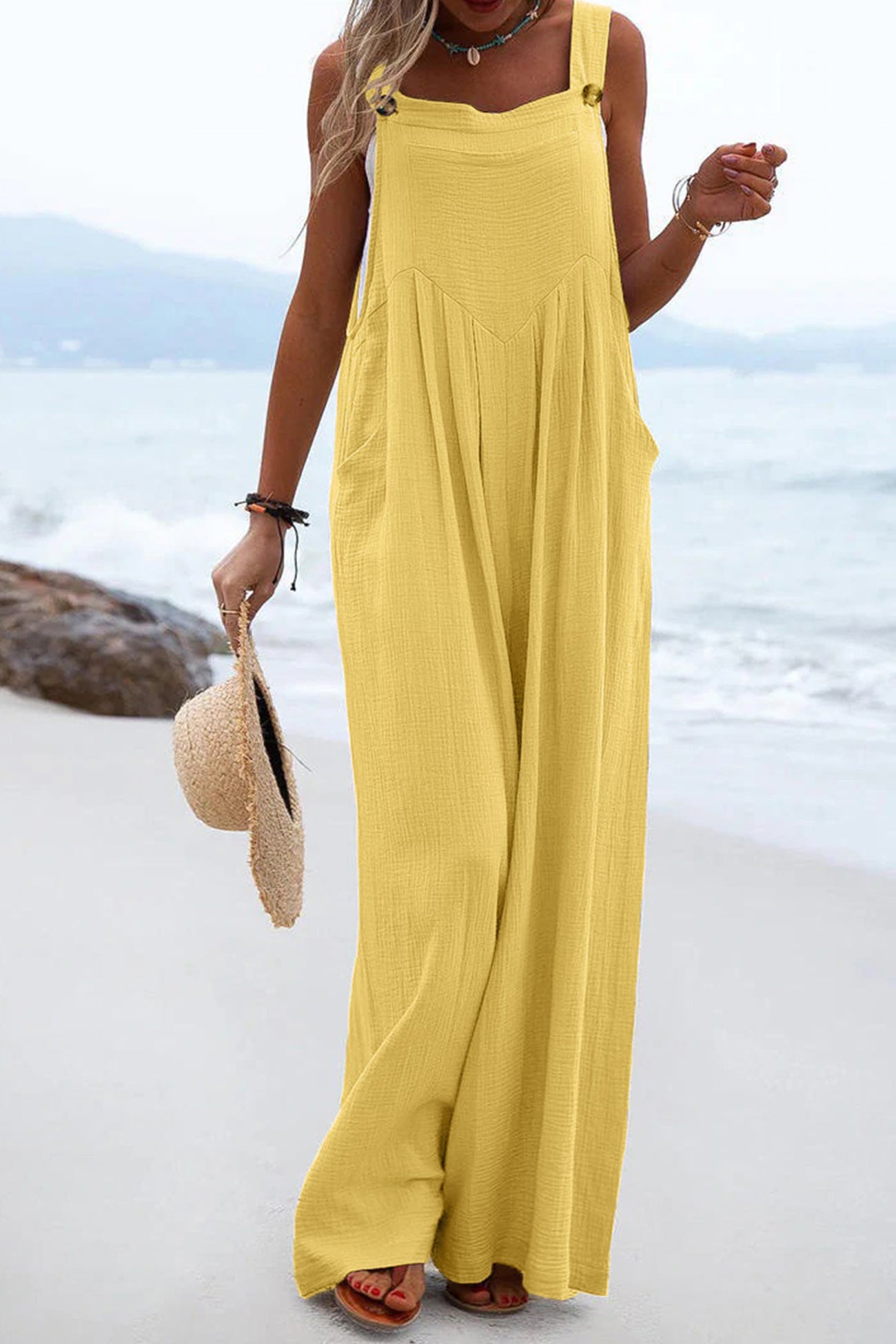 Women's Wide-Leg Jumpsuit - Sleeveless Relaxed Fit - Button Straps - Casual Wear