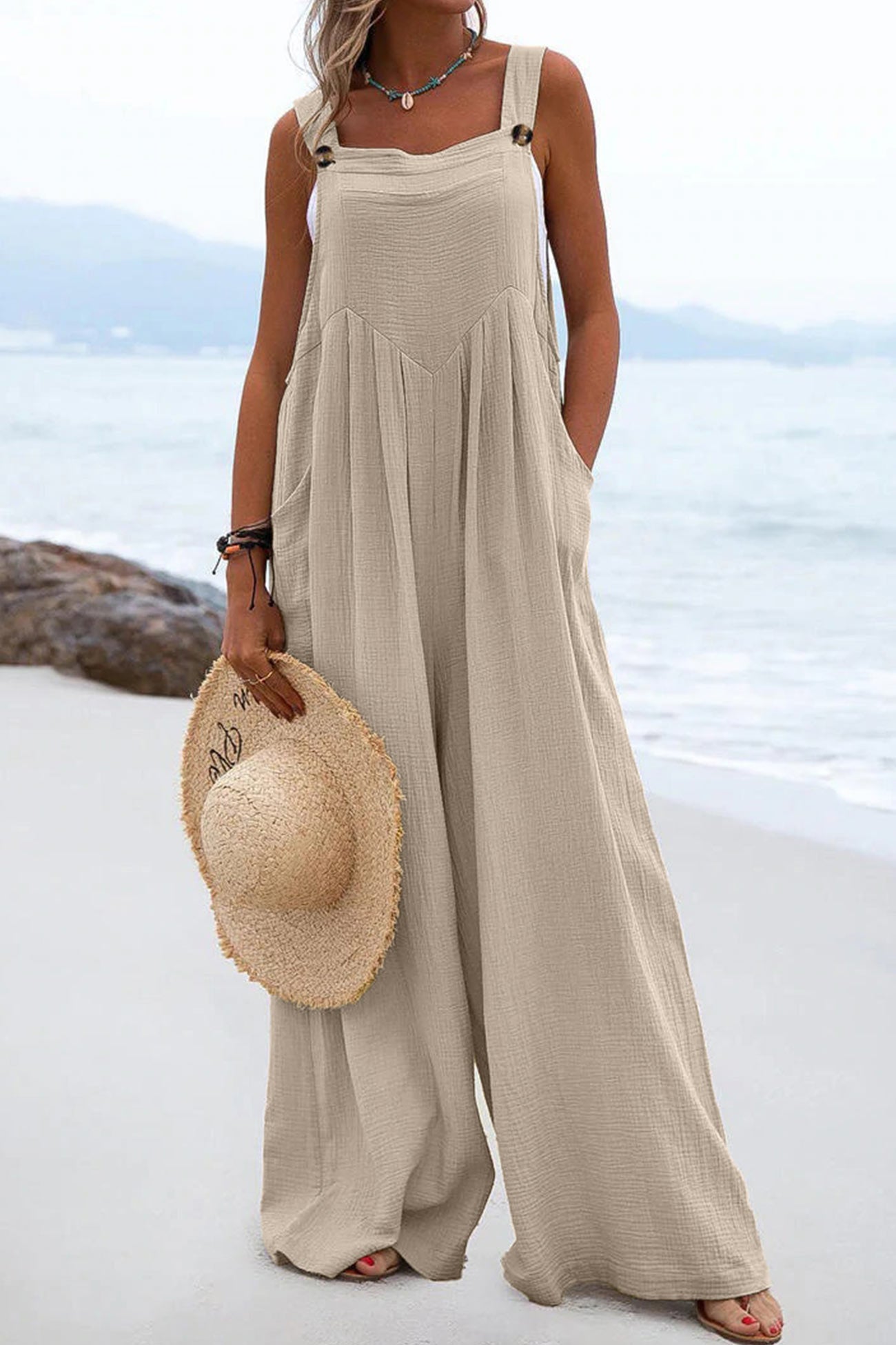 Women's Wide-Leg Jumpsuit - Sleeveless Relaxed Fit - Button Straps - Casual Wear
