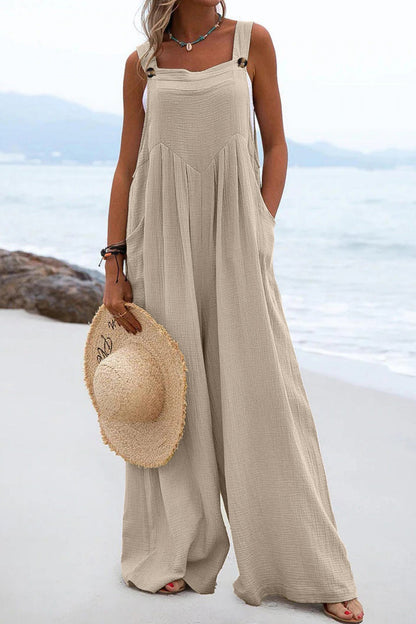 Women's Wide-Leg Jumpsuit - Sleeveless Relaxed Fit - Button Straps - Casual Wear