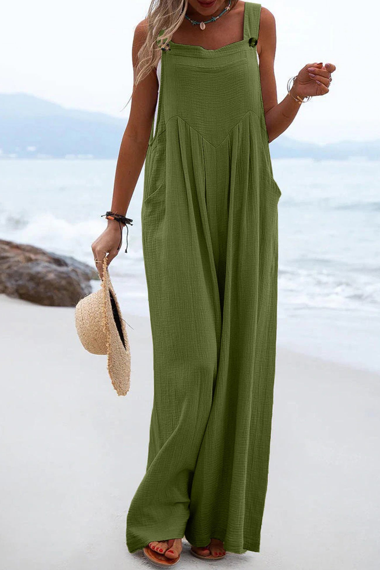 Women's Wide-Leg Jumpsuit - Sleeveless Relaxed Fit - Button Straps - Casual Wear