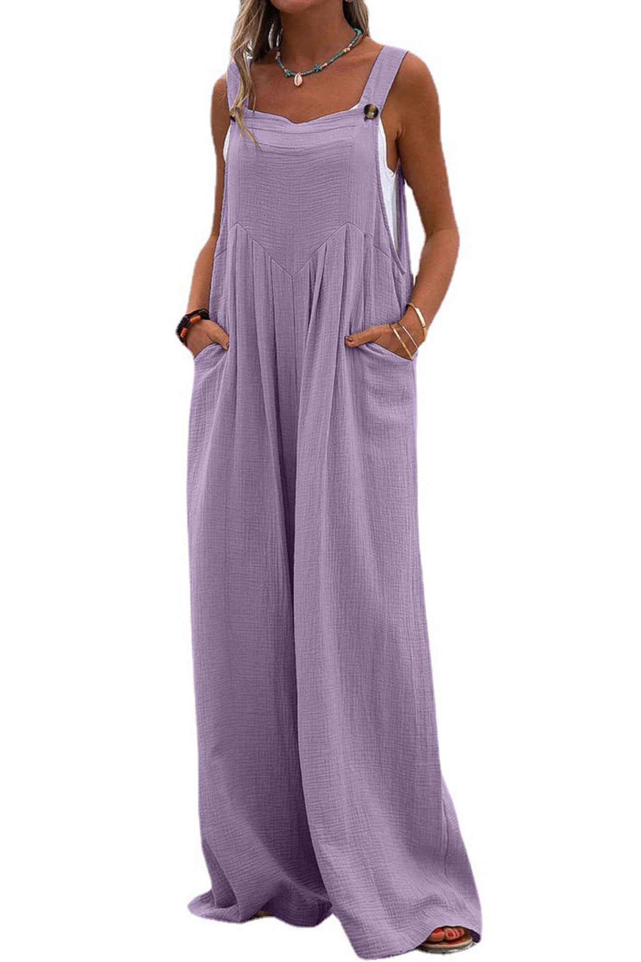 Women's Wide-Leg Jumpsuit - Sleeveless Relaxed Fit - Button Straps - Casual Wear