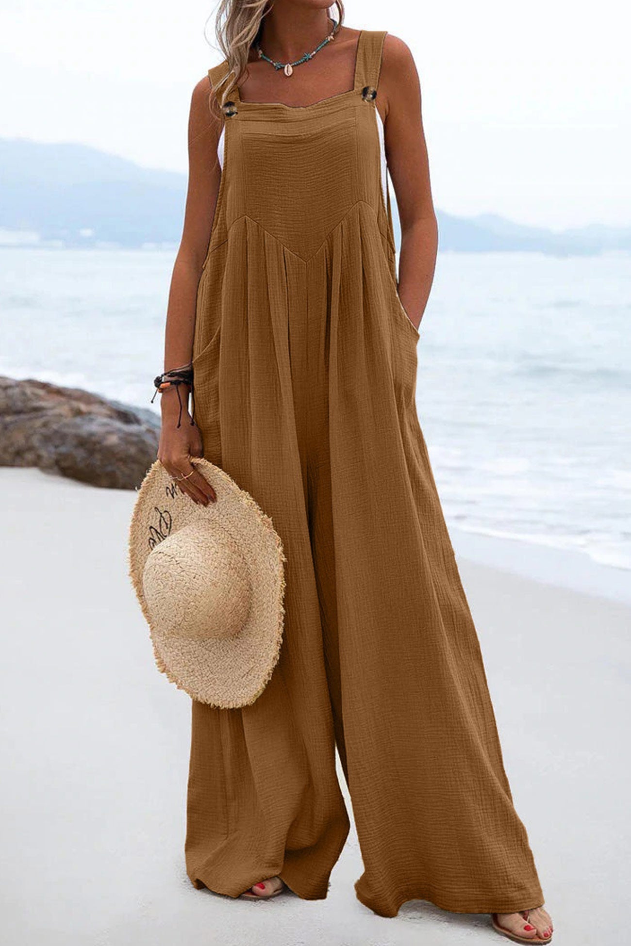 Women's Wide-Leg Jumpsuit - Sleeveless Relaxed Fit - Button Straps - Casual Wear